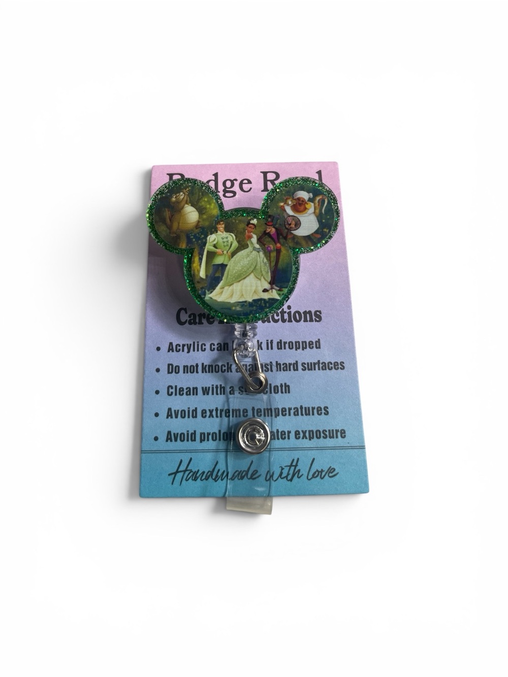 Disney Tiana Mouse Ears Glitter Badge Reel - Green